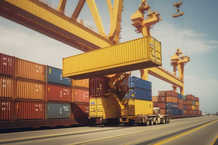 huge cargo crane of a harbor loading a yellow container. Ai generative